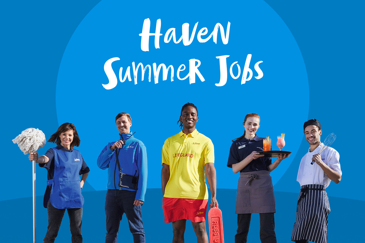 Five smiling Haven employees in different uniforms standing against a blue background.