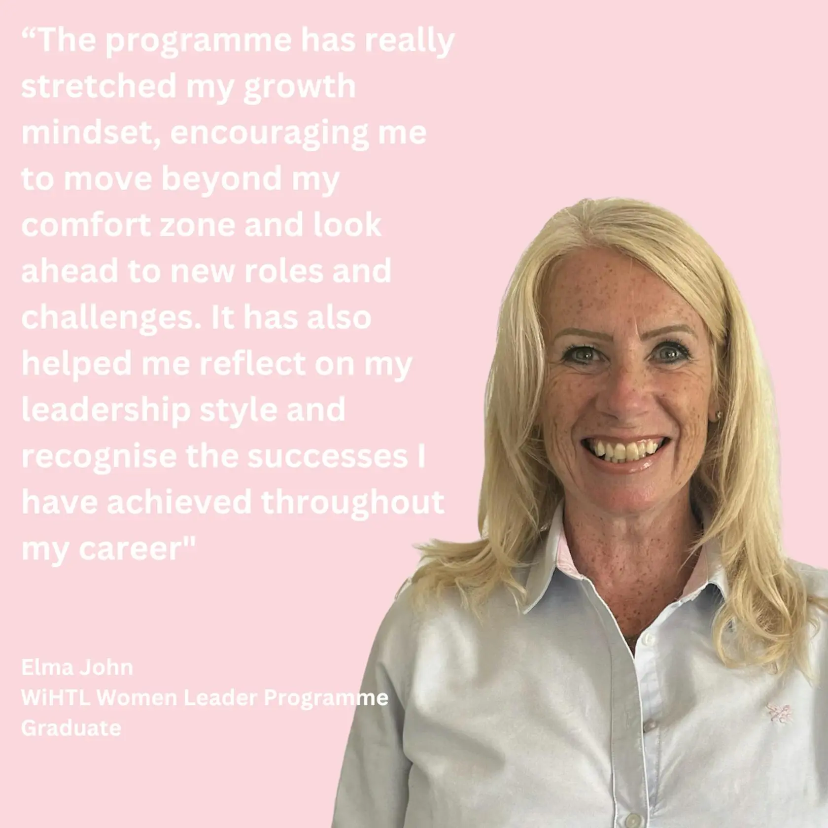 Elma John smiling with a quote about the WiHTL Women Leader Programme on a pink background.