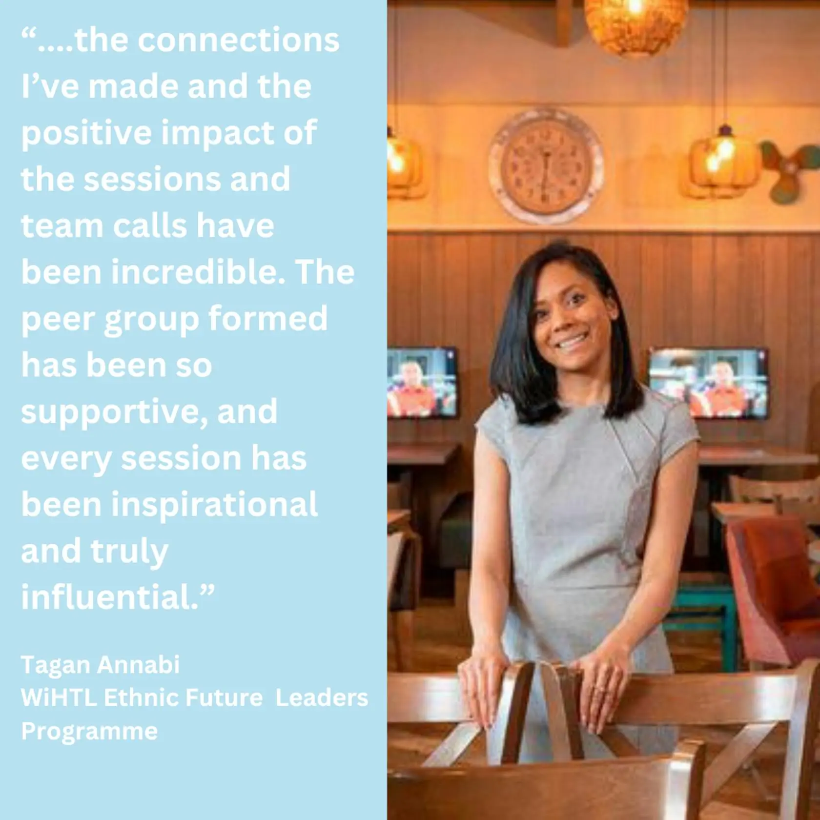 Tegan Annabi smiles next to a glowing testimonial quote about the WiHTL Ethnic Future Leaders Programme.