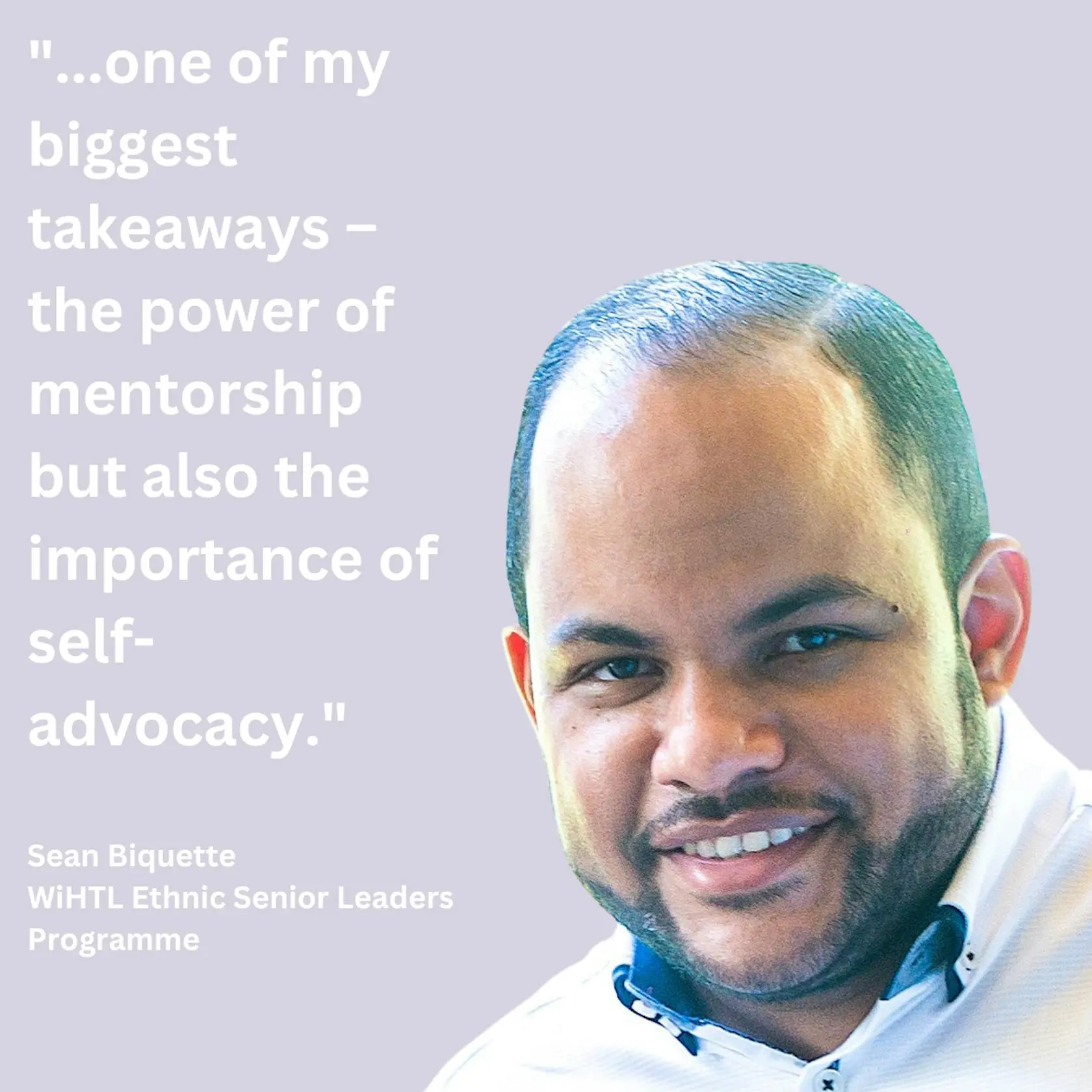 Sean Biquette speaking about mentorship and self-advocacy with a quote displayed beside him.
