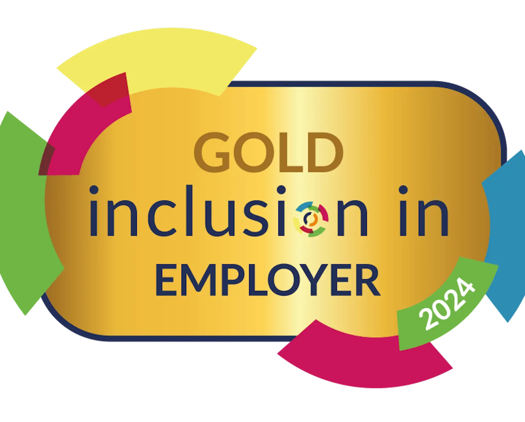 Gold Inclusion Employer 2024 award badge with gold background and colorful geometric shapes.