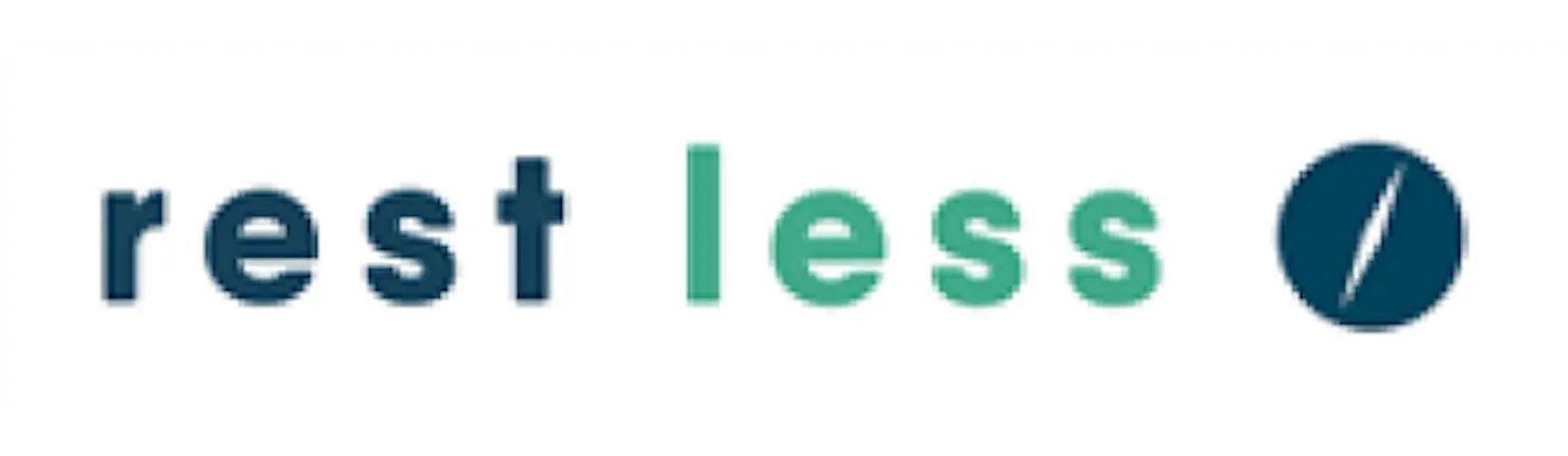 The Rest Less logo featuring dark blue and teal text with a compass icon on a green background.