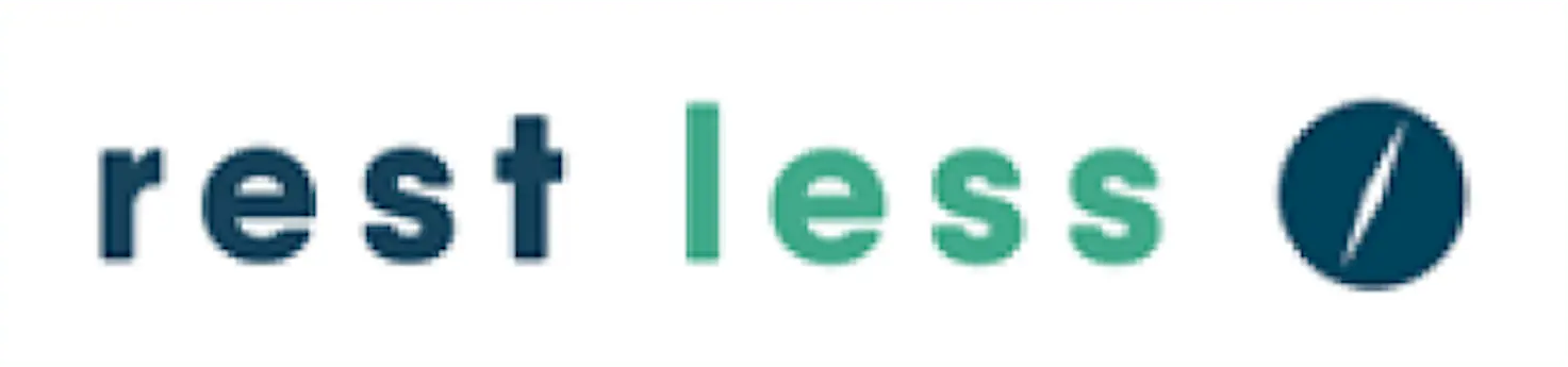 The Rest Less logo featuring dark blue and teal text with a compass icon on a green background.