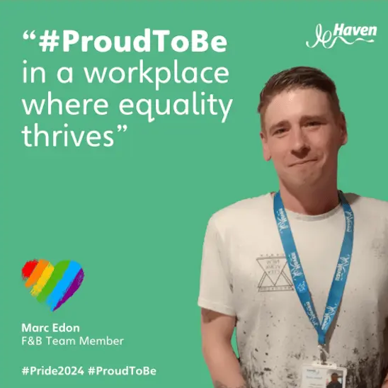 Marc Edon, an F&B Team Member, featured on a green Pride 2024 promotional graphic for Haven.