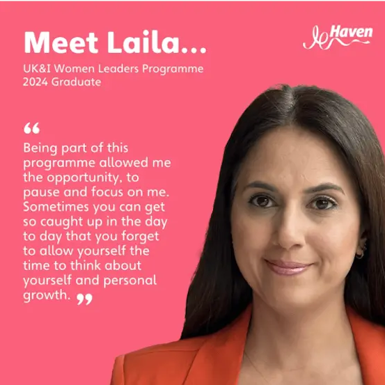 A woman featured as a graduate of the UK and I Women Leaders Programme 2024 with a quote.