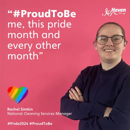 Rachel Simkin, National Cleaning Services Manager, with a Pride quote and rainbow heart graphic.