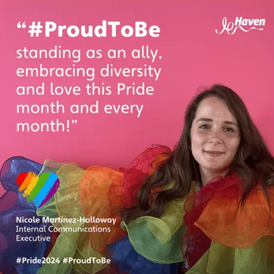 Nicole Martinez-Holloway in rainbow ruffles with a Pride Month quote against a pink background.