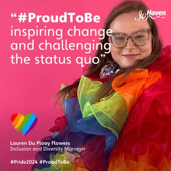 Lauren Du Plooy Flowers, Inclusion and Diversity Manager, in Pride attire with a quote.