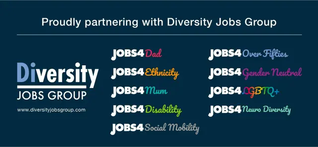 Banner showing the Diversity Jobs Group logo and various inclusive partner job sites.