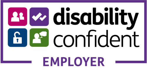 Disability Confident Employer logo with four colored icons and text inside a purple border.