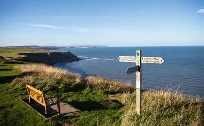 A wooden bench and trail sign overlooking a scenic ocean coastline on a sunny day.
