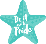 Three colorful starfish in orange, pink, and turquoise displaying positive messages in white text.