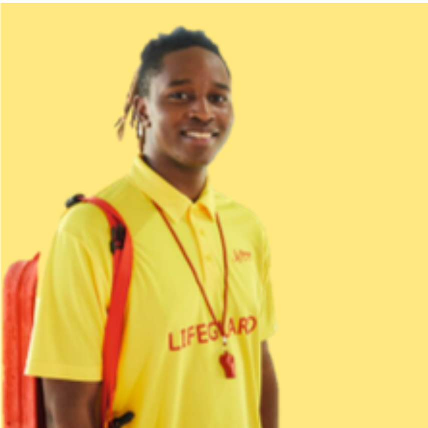 A smiling young male lifeguard in a yellow uniform with a whistle and red backpack against a yellow background.